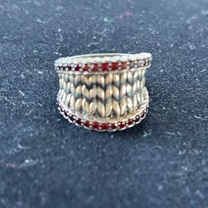 Sterling Silver and Red Pave Basketweave Saddle Ring by JAI.